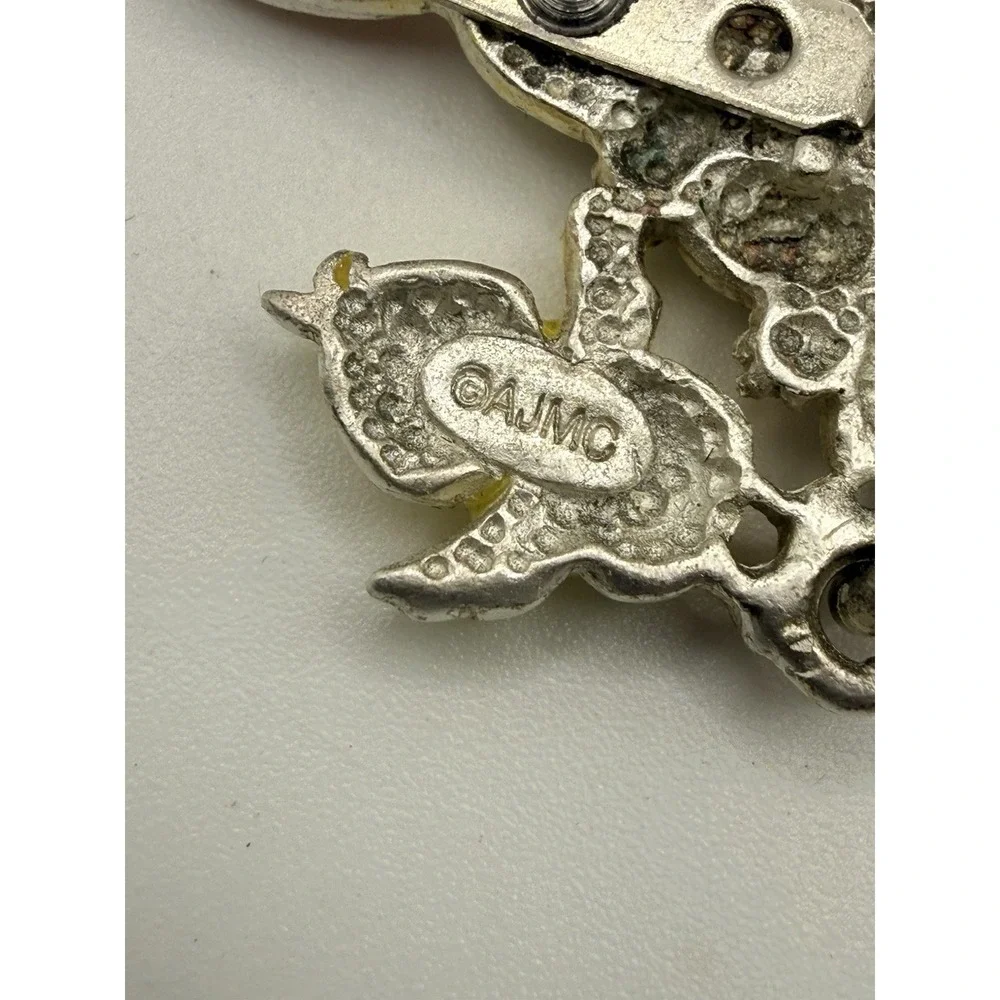 Vintage Easter Brooch Bunny Egg Chick Dangle Signed AJMC Enamel Silver Tone